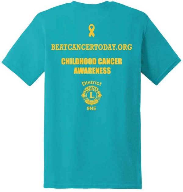 Gold ribbon, beatcancertoday.org website, words childhood cancer awareness, and Lions Clubs 9NE logo on teal and gold shirt