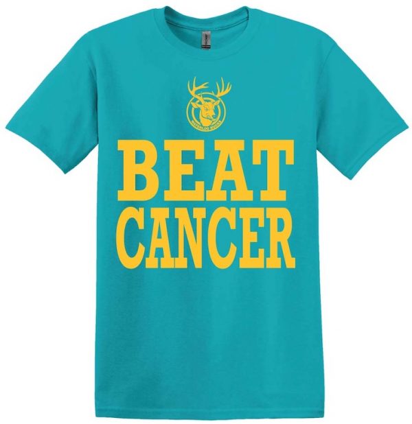 Waterloo Bucks logo and words BEAT CANCER on teal and gold shirt